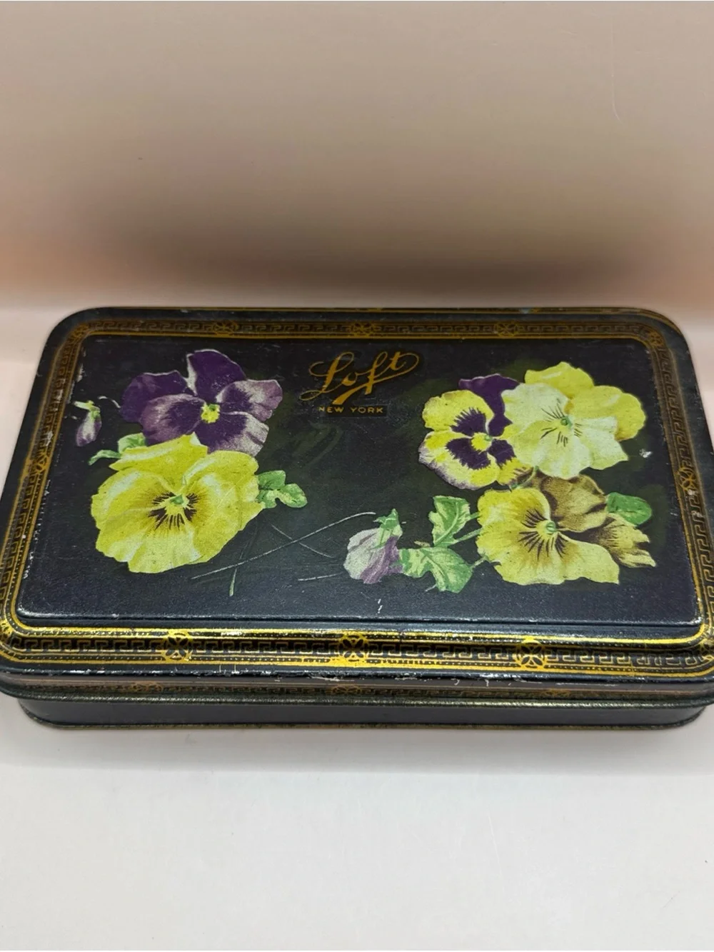 Antique Advertisement Tin Chocolate Candy Box Pansy Flowers LOFT NY Flip Top Lid